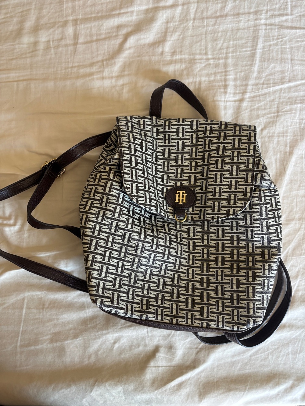 Tommy Hilfiger Brown & White Monogram Flap faux leather Backpack